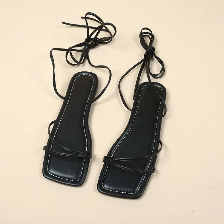 Women's ankle ring bandage flat sandals with front lace-up in three colour options