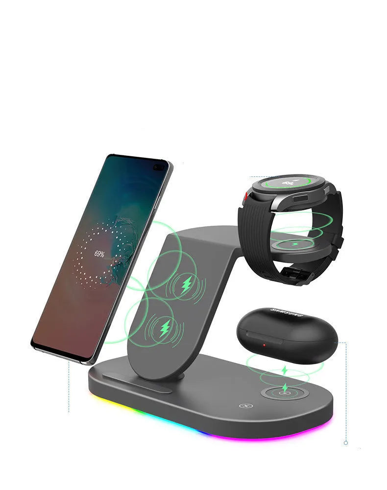 Three-in-one fast wireless charger in ice crystal white, ABS material, 174.2x113.5x100.5mm
