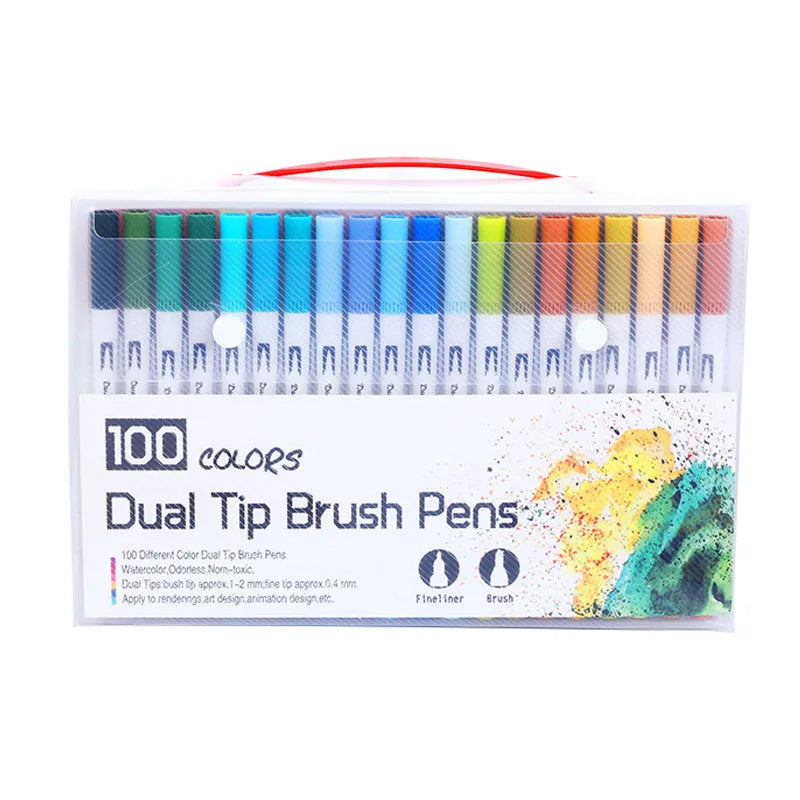 Set of watercolour brush pens with plastic barrels in a case, showing multiple colour options for art and promotion.