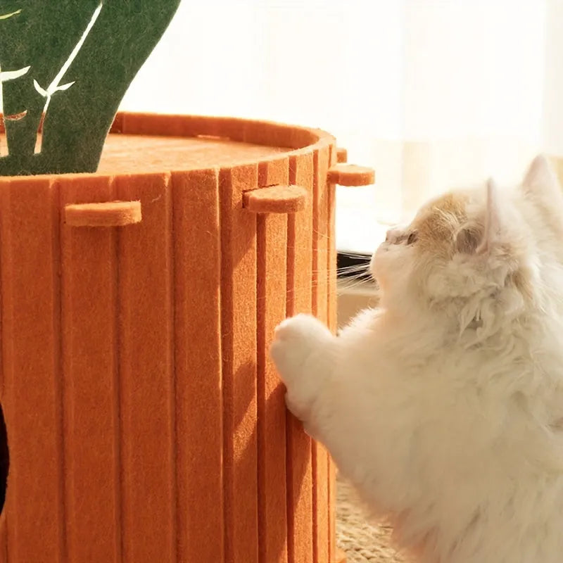 Carrot-shaped soft grey felt cat tunnel with openings, shown in two size options for indoor cats.