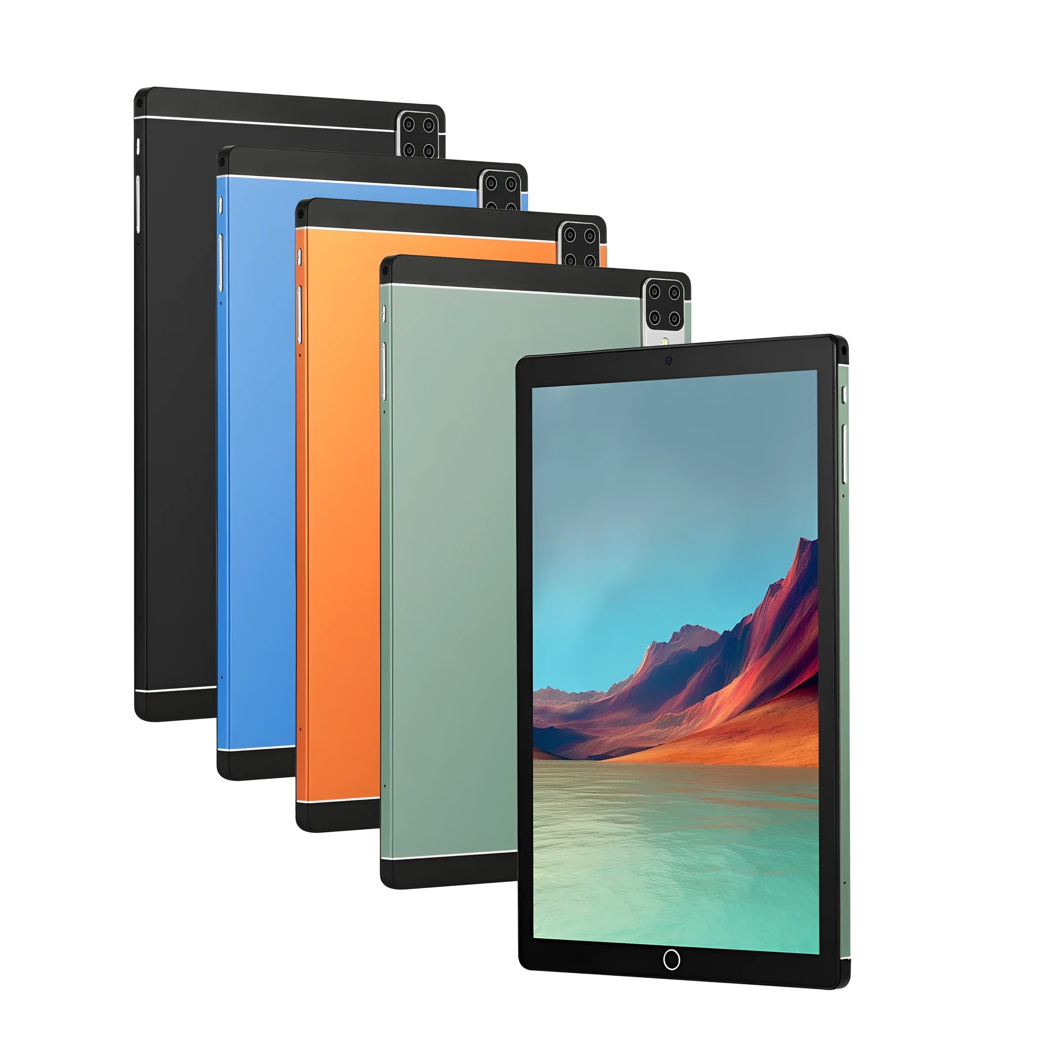 11.6 inch Android tablet showing four colour options: green, blue, black and orange