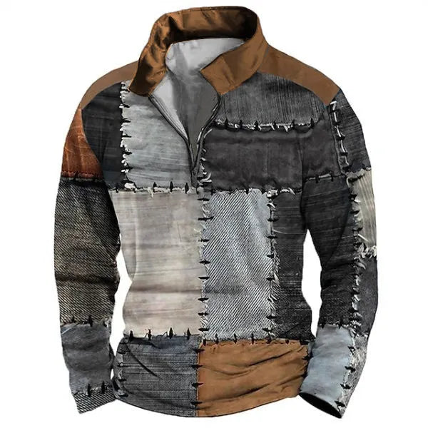 Men's loose fit long sleeve t-shirt with retro colour printing and stripe pattern, showing zip detail on sleeve.