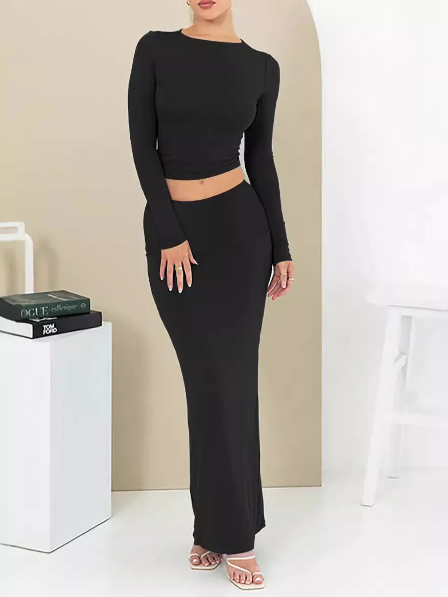 Women's polyester two-piece autumn suit in sweet style with three-quarter sleeves and long skirt