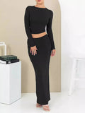 Women's polyester two-piece autumn suit in sweet style with three-quarter sleeves and long skirt