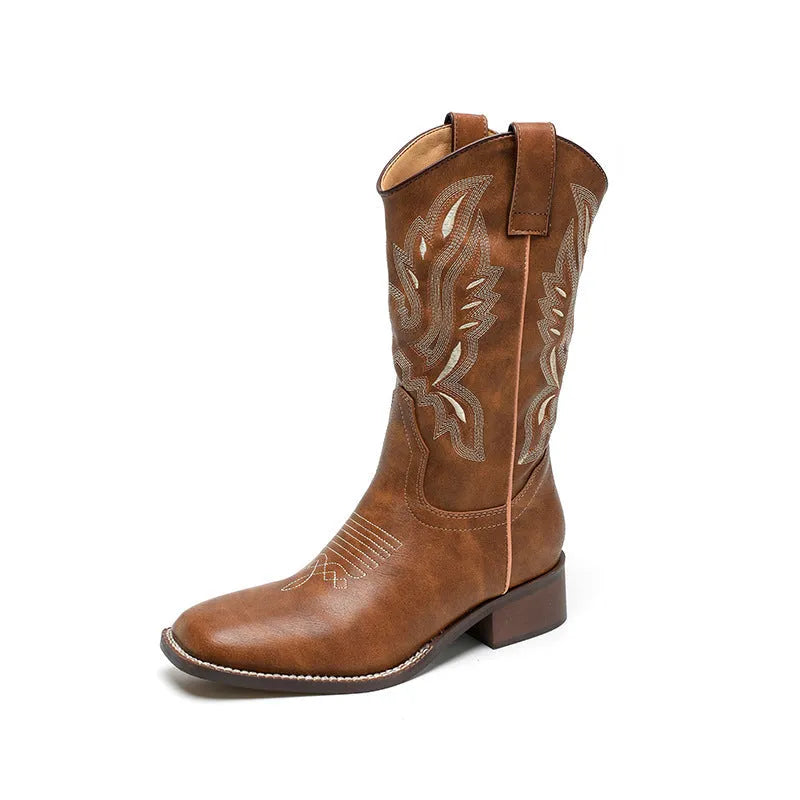 Brown women's mid-calf boots with embroidered pattern, square heel, and leather lining