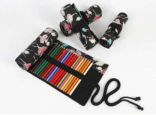 Ballet girl printed canvas roll-up pencil case unrolled to show multiple coloured pencils in slots
