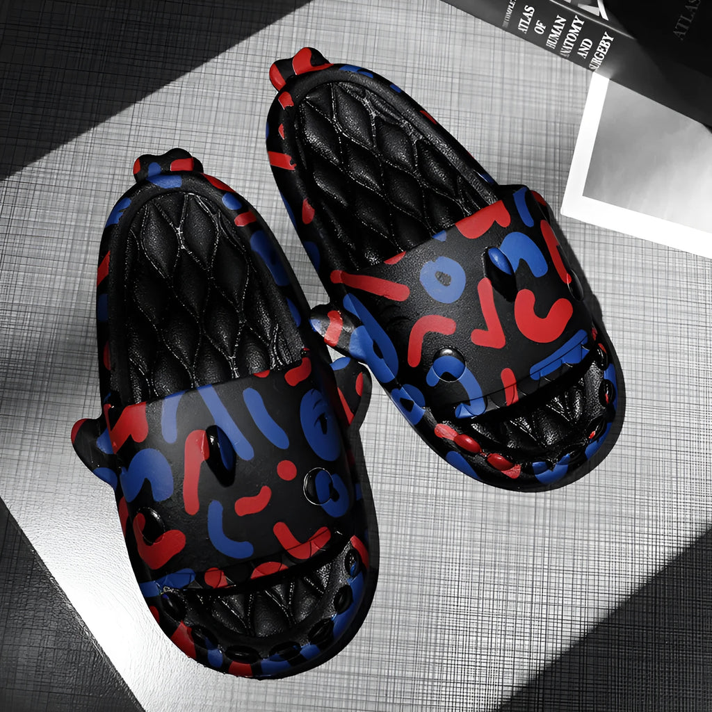 Cute shark design open toe EVA slippers for couples in beige, black, grey, and white colours.