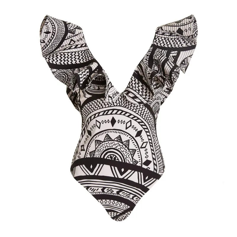 Vintage print deep V-neck one-piece swimsuit for women with matching wrap skirt.