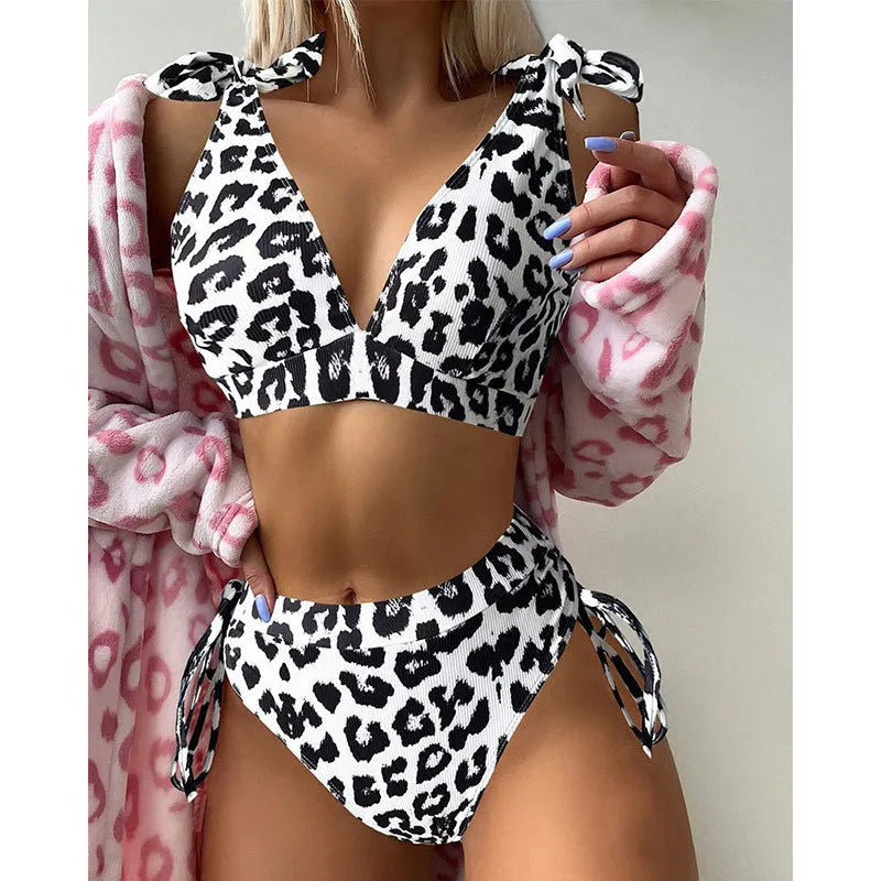 Women's purple leopard print sleeveless lace-up crop top and high-waist shorts two-piece suit set