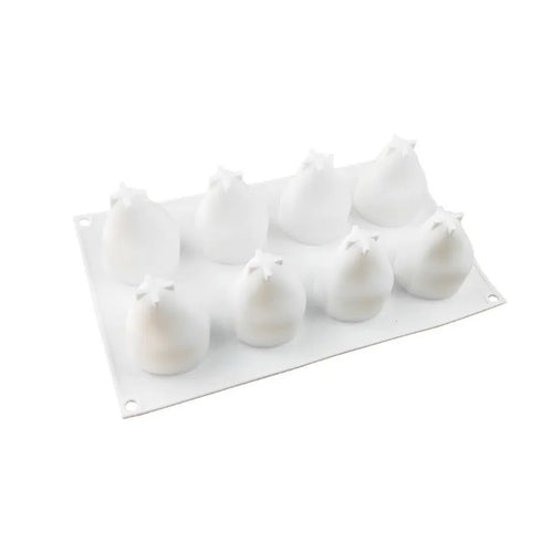 Silicone baking mould with six cavities shaped as pine cones, pineapples, and pears