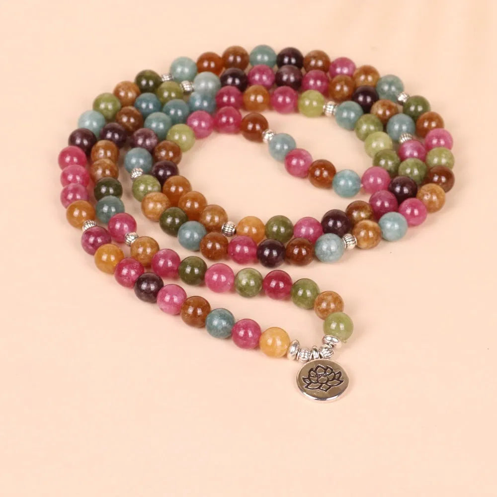 Tourmaline colour alloy bracelet with 108 beads in multi-layer hanging design featuring lotus pattern