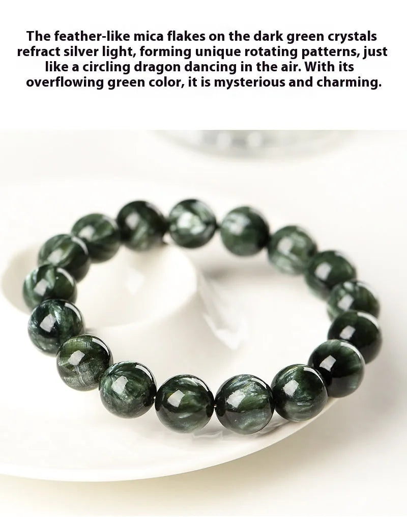 Green Dragon Crystal bracelet with round beads and ruyi design element.