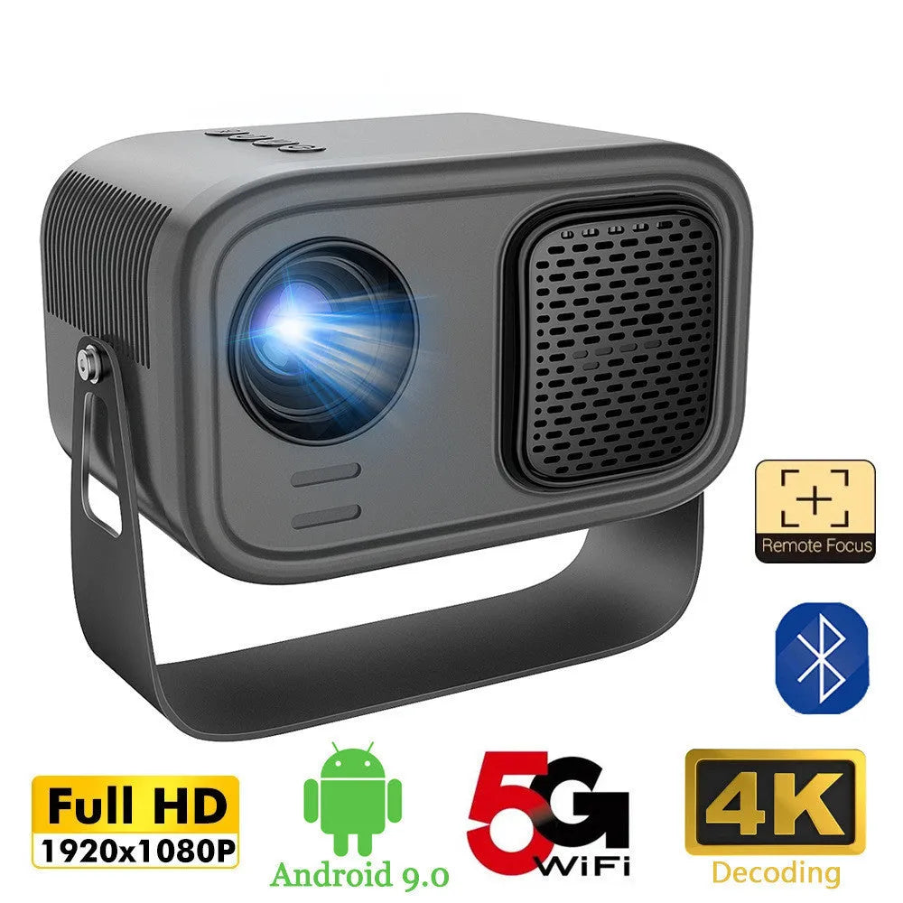 Black HD smart portable projector with remote control and multiple plug formats