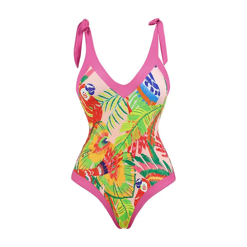 Women's pink floral print retro one-piece swimsuit with V-neck and matching skirt