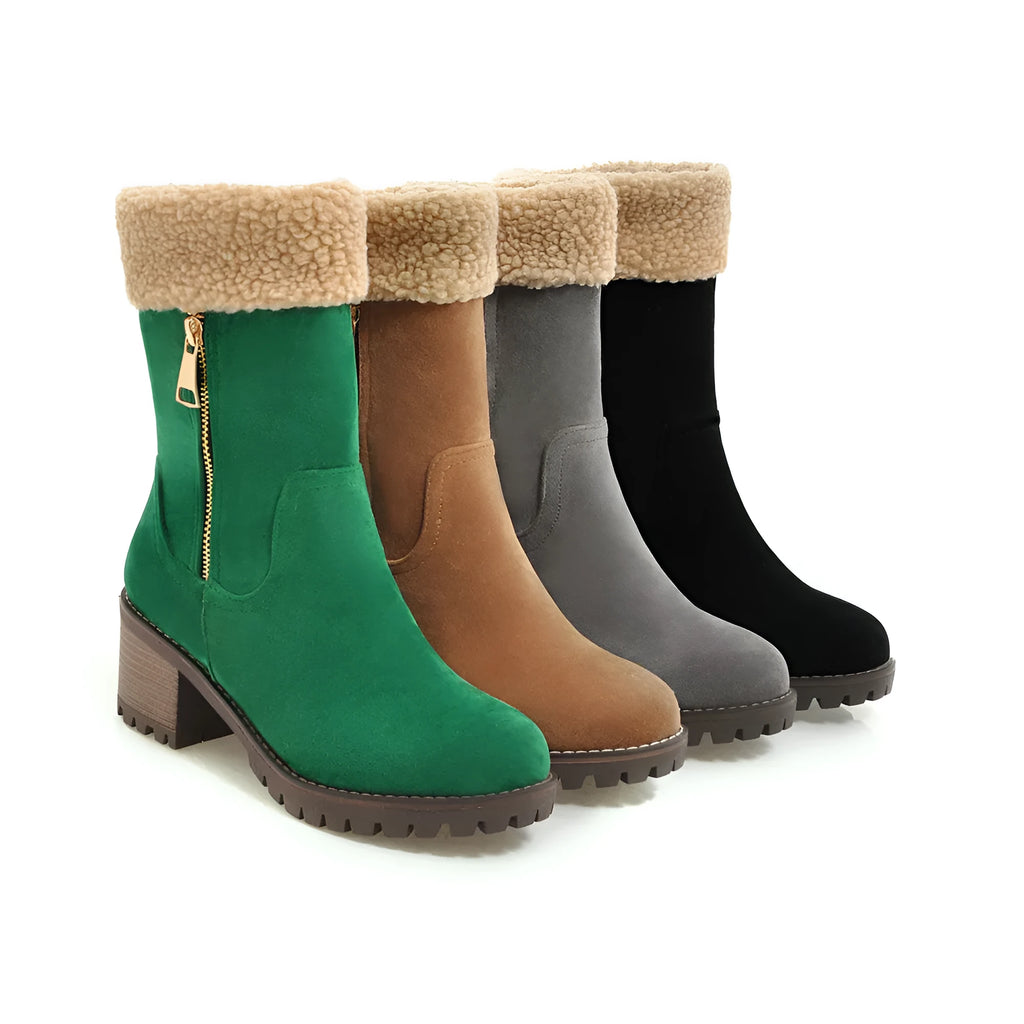 Snow boots with rubber sole and plush lining in black, grey, green, or orange.