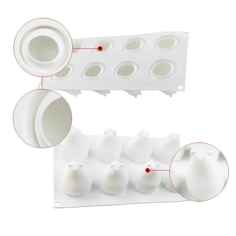 Silicone baking mould with six cavities shaped as pine cones, pineapples, and pears