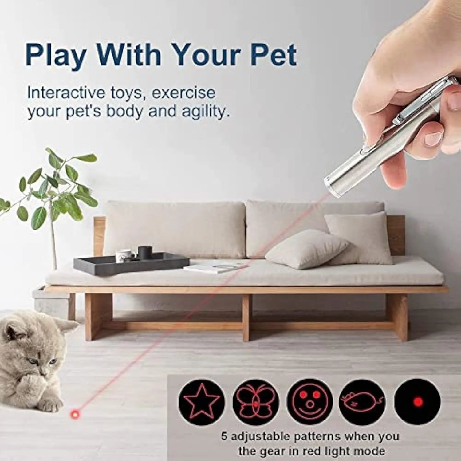Silver aluminium interactive cat laser pointer toy with USB port and multiple light pattern modes.