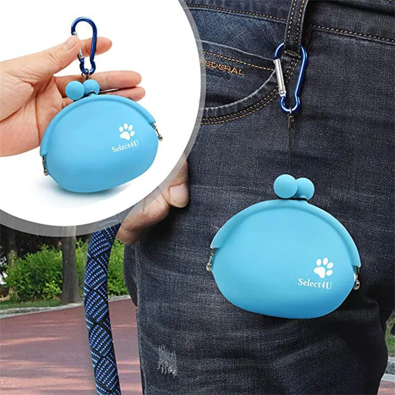 Yellow silicone dog training treat bag with hook-and-loop fastening showing 9x9.5cm dimensions