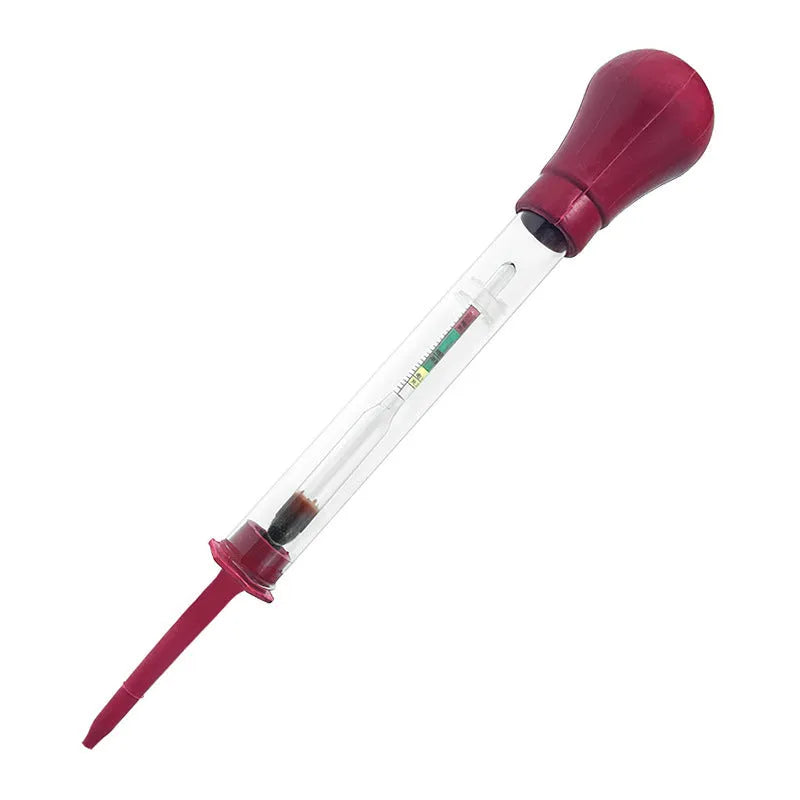 Red and black electrohydraulic automotive battery hydrometer with glass construction measuring 330 mm