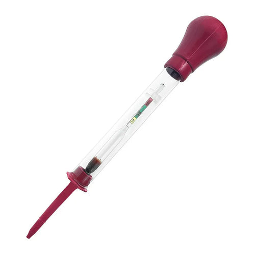 Red and black electrohydraulic automotive battery hydrometer with glass construction measuring 330 mm