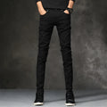 Slim-fit stretch cotton men's pants in black, laid flat showing tight cut and full length