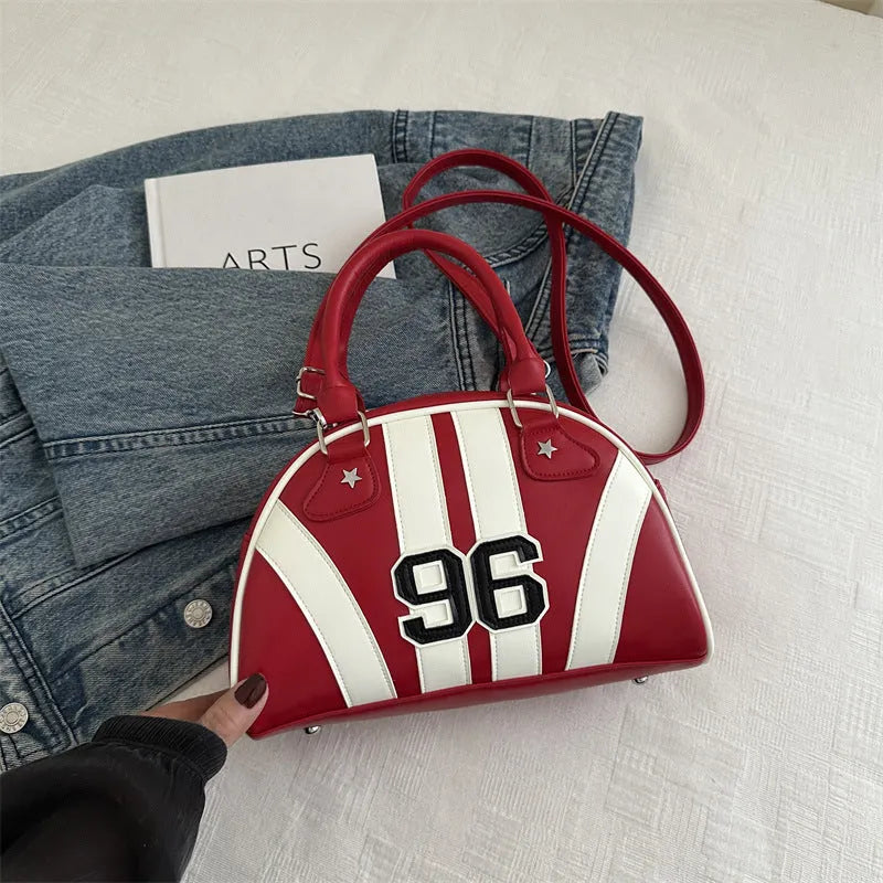 Colour blocking stripe contrast single shoulder bag in PU with stitching details, medium hardness dumpling shape