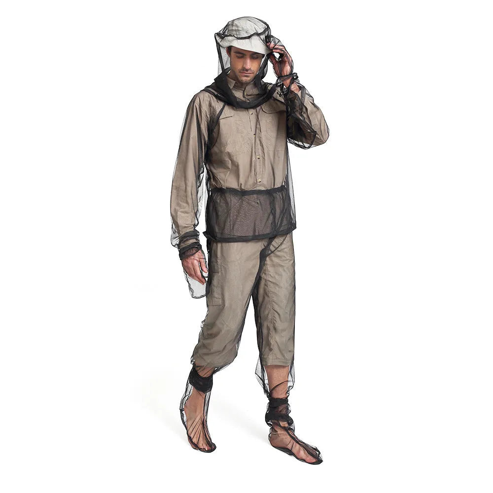 Solid colour mesh anti-mosquito suit for outdoor camping and fishing, shown with hood, pants, and booties.