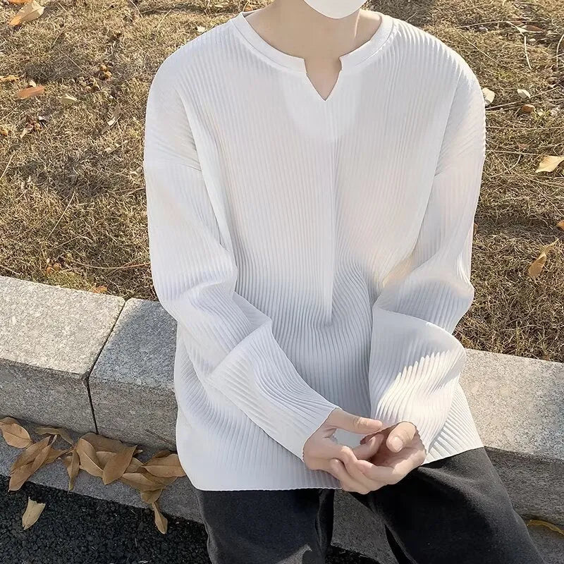 Plus size women's loose pullover top with long sleeves in striped or solid colours