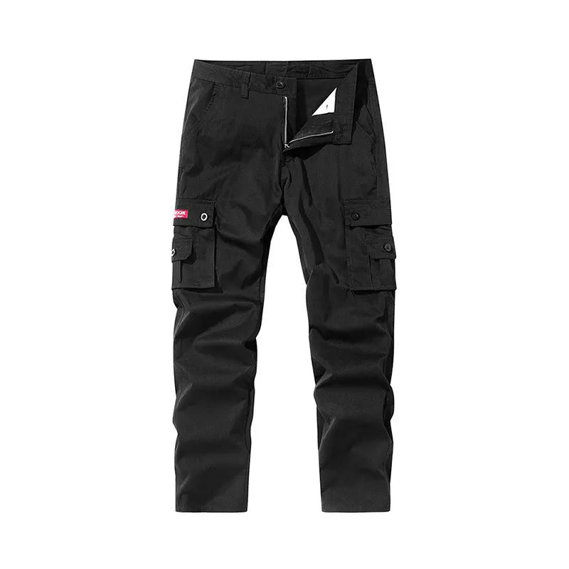 Multi-pocket cargo trousers in pure cotton with straight leg and drawstring mid waist in khaki green
