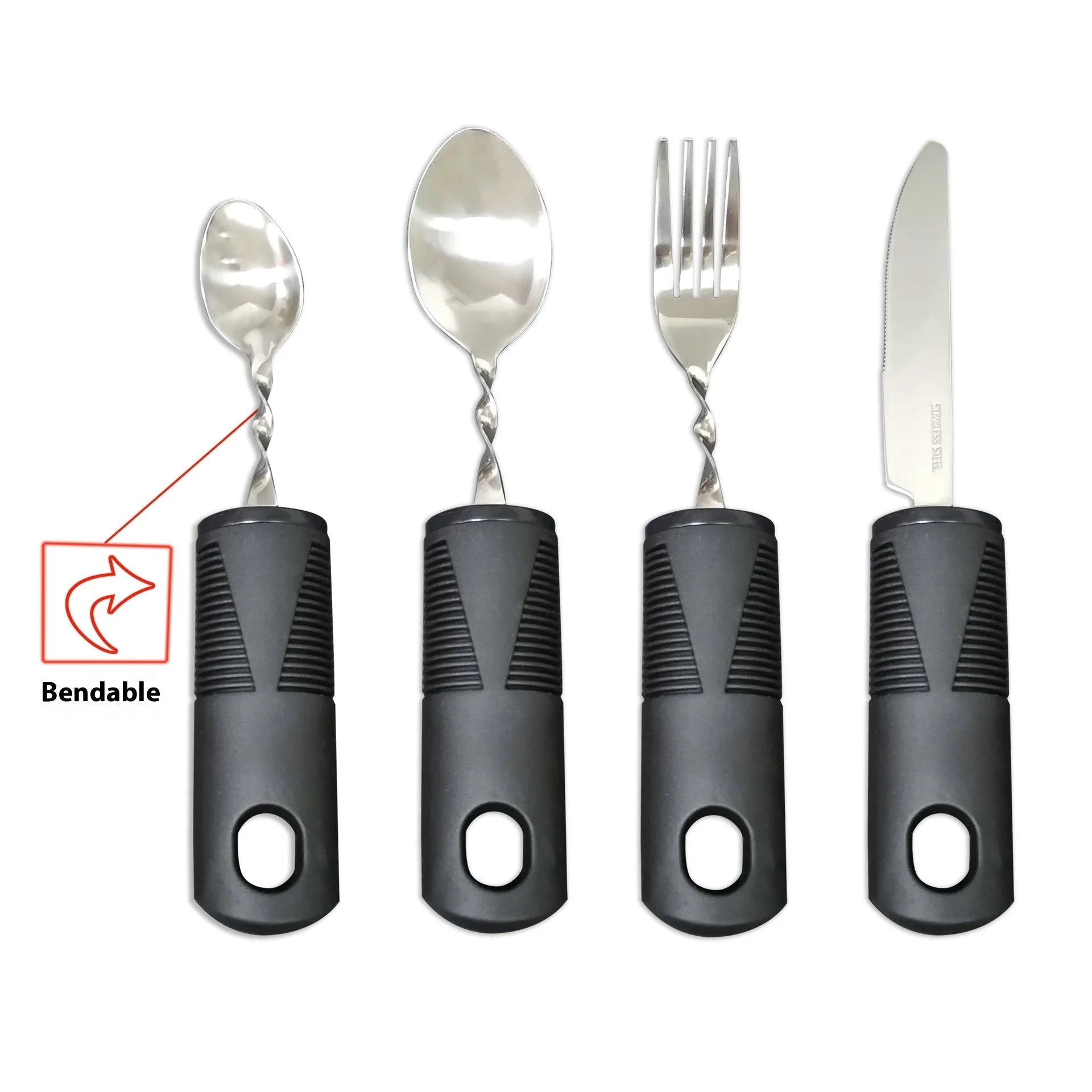 Stainless steel adaptive eating utensils with rubber anti-shake handles for elderly dining assistance