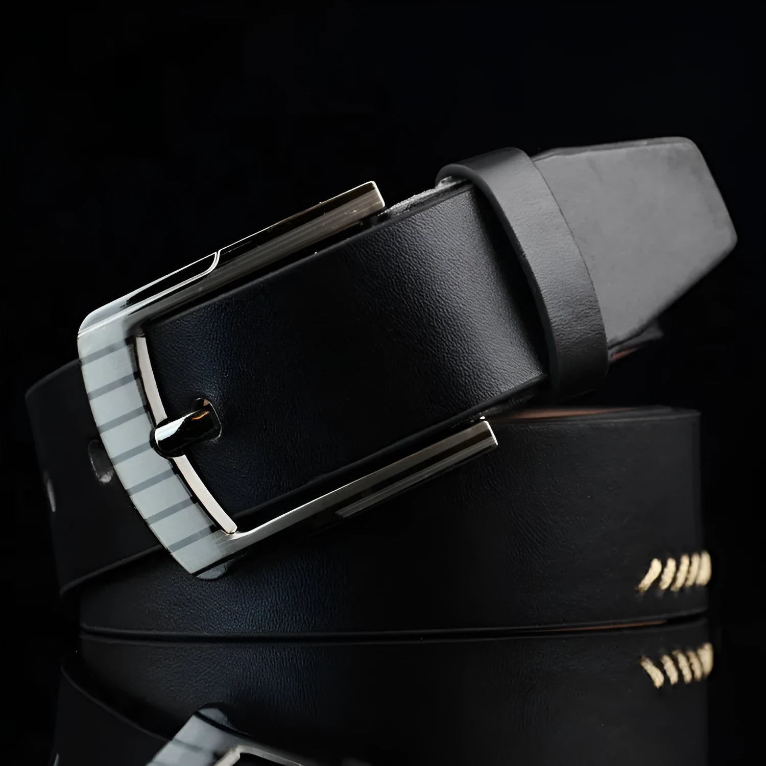 Men's retro style pin buckle casual belt in black with threading pattern, alloy buckle, 110cm length