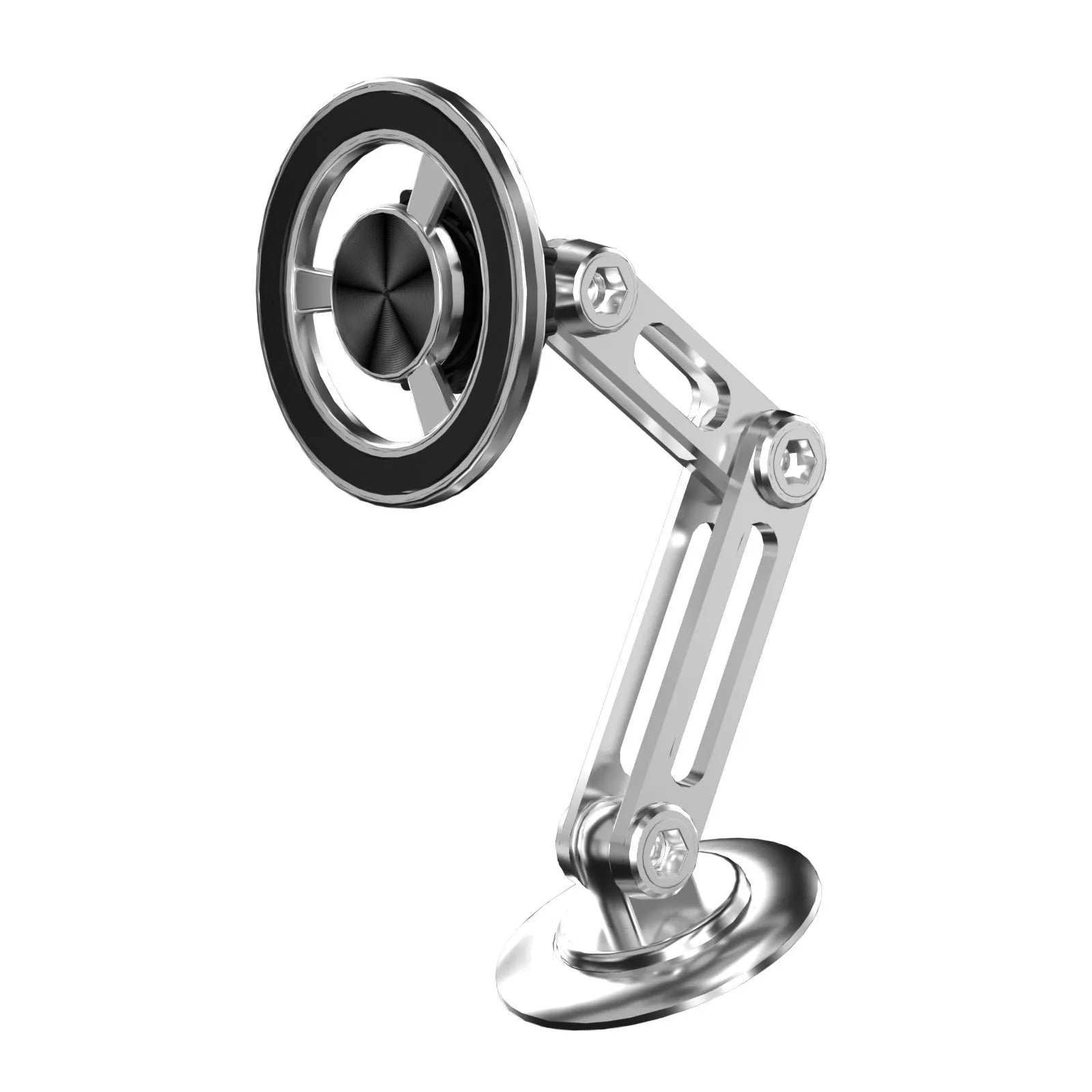 All-metal magnetic car phone holder in black, silver, gold, and rose gold colours with magnetic rings and adhesive pads