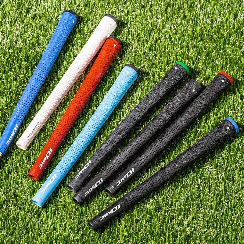 TPE golf club replacement grip shown in assorted colours including pink, red, blue, white, and black with coloured heads.