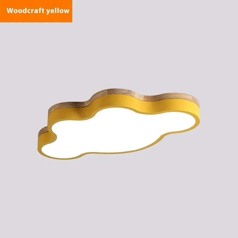 Modern cloud-shaped ceiling lamp with wood-effect finish in choice of colours, mounted on a white ceiling.