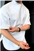 Men's white cotton buttoned T-shirt with short sleeves and a flared round hem.