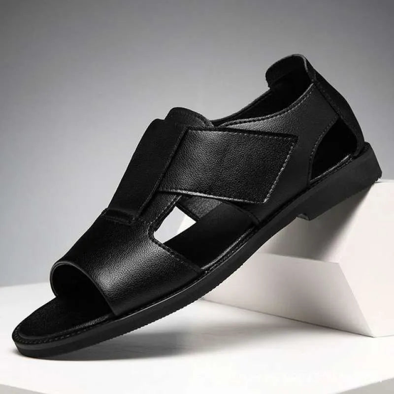 Men's black and brown casual Roman-style sandals with open toe and rubber sole.