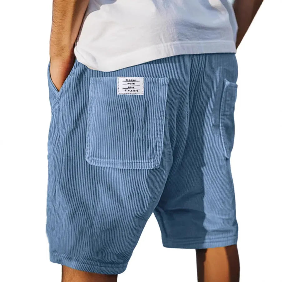 Men's grey corduroy shorts with multiple pockets and embroidery detail, straight-leg summer design
