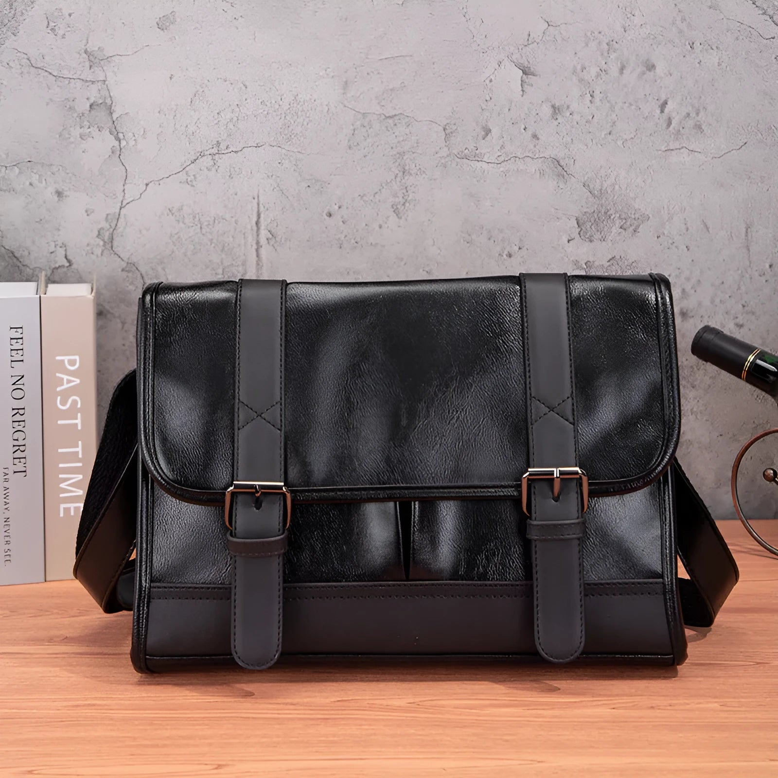 Black Korean style commuter backpack with anti-theft features and sewing thread detailing