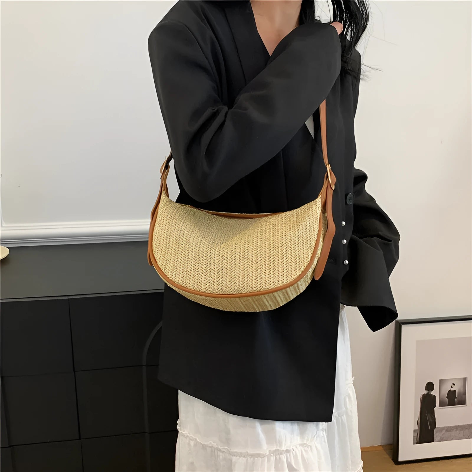 Women's straw woven crossbody bag with internal phone and file organisers in corrugated brown