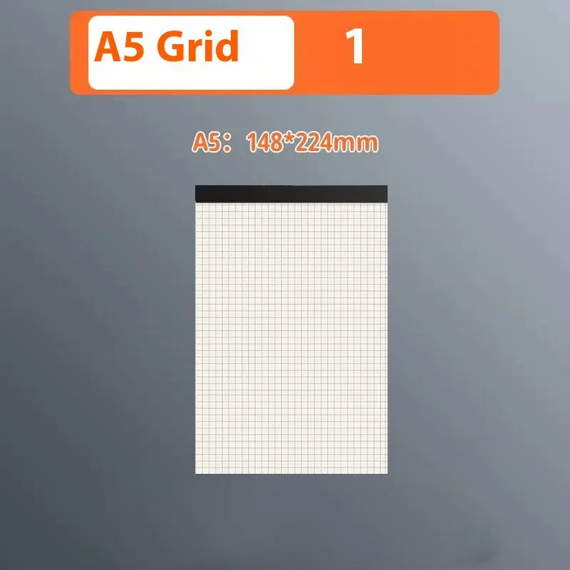 A5, B5 and A4 writing pads with blank, grid and lined page rulings.