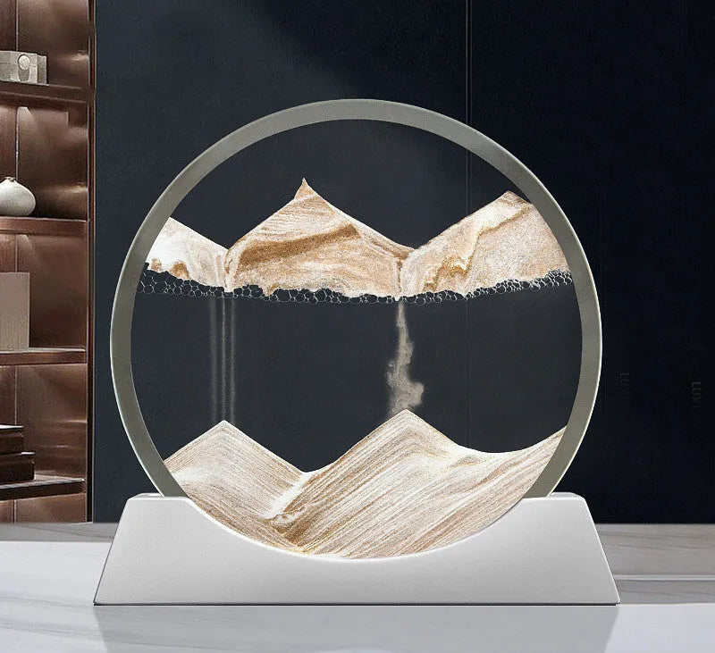 Rotating quicksand painting inside a modern 12-inch glass night lamp on a desktop