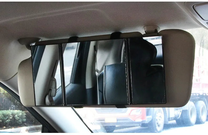 Silver folding car visor grooming mirror shown open and closed, made from ABS and glass.