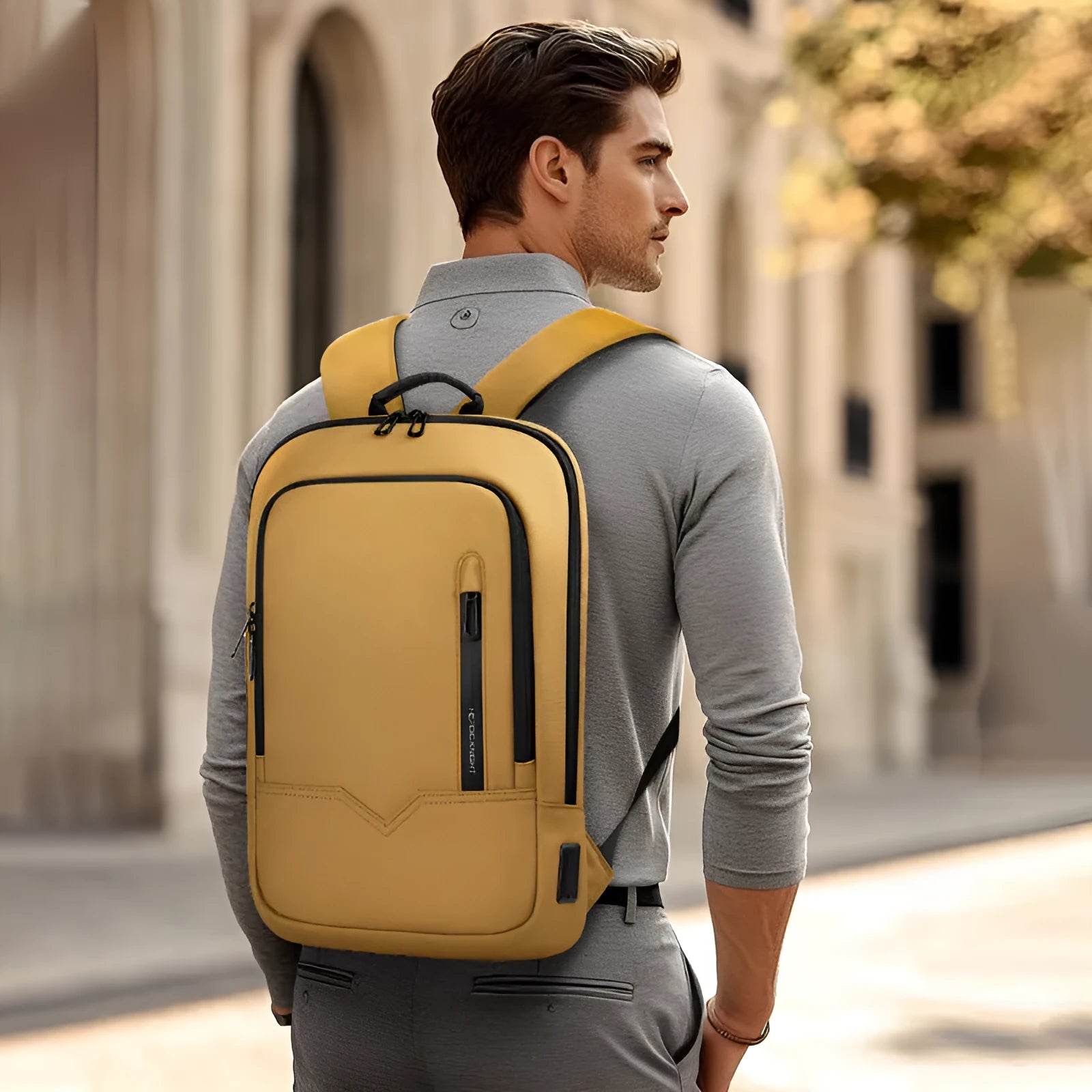 Solid colour lightweight polyester backpack with USB charging port on side, shown in multiple colour options.