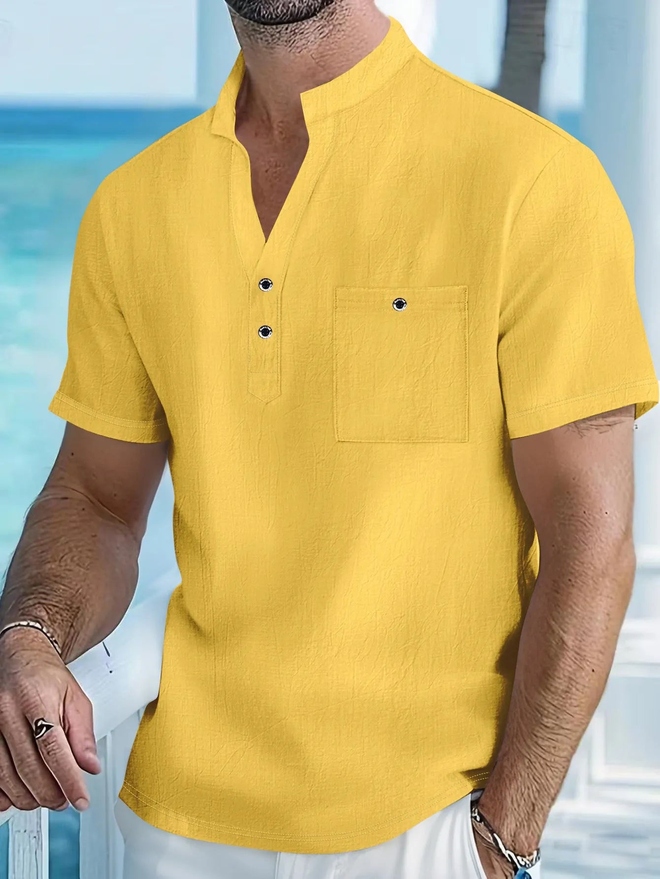 Men's short sleeve linen shirt with stand collar in loose fit, solid colour pullover style