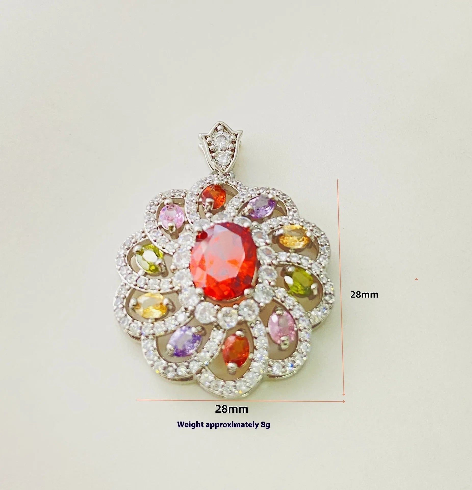 Women's flower-shaped zircon pendant necklace in gold tone on a model.