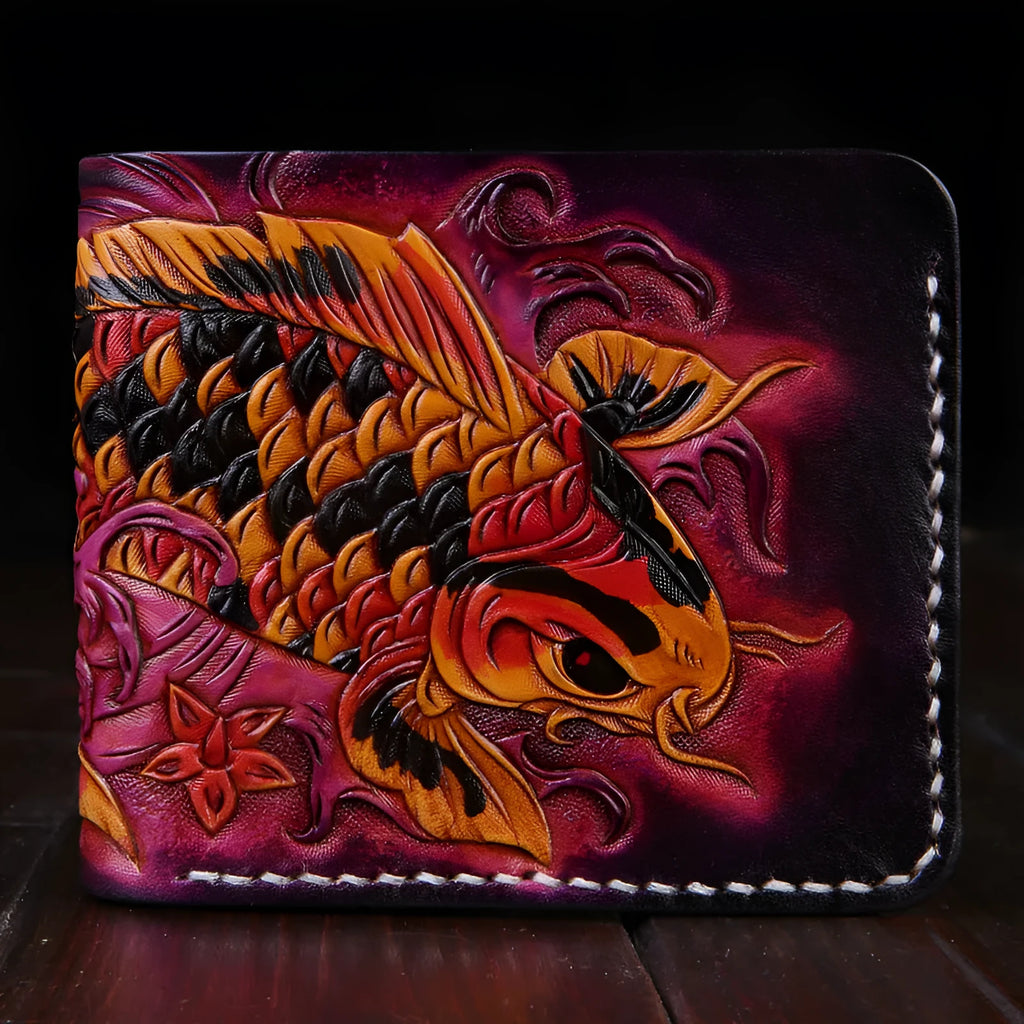 Men's red leather wallet with hand-carved texture and open closure