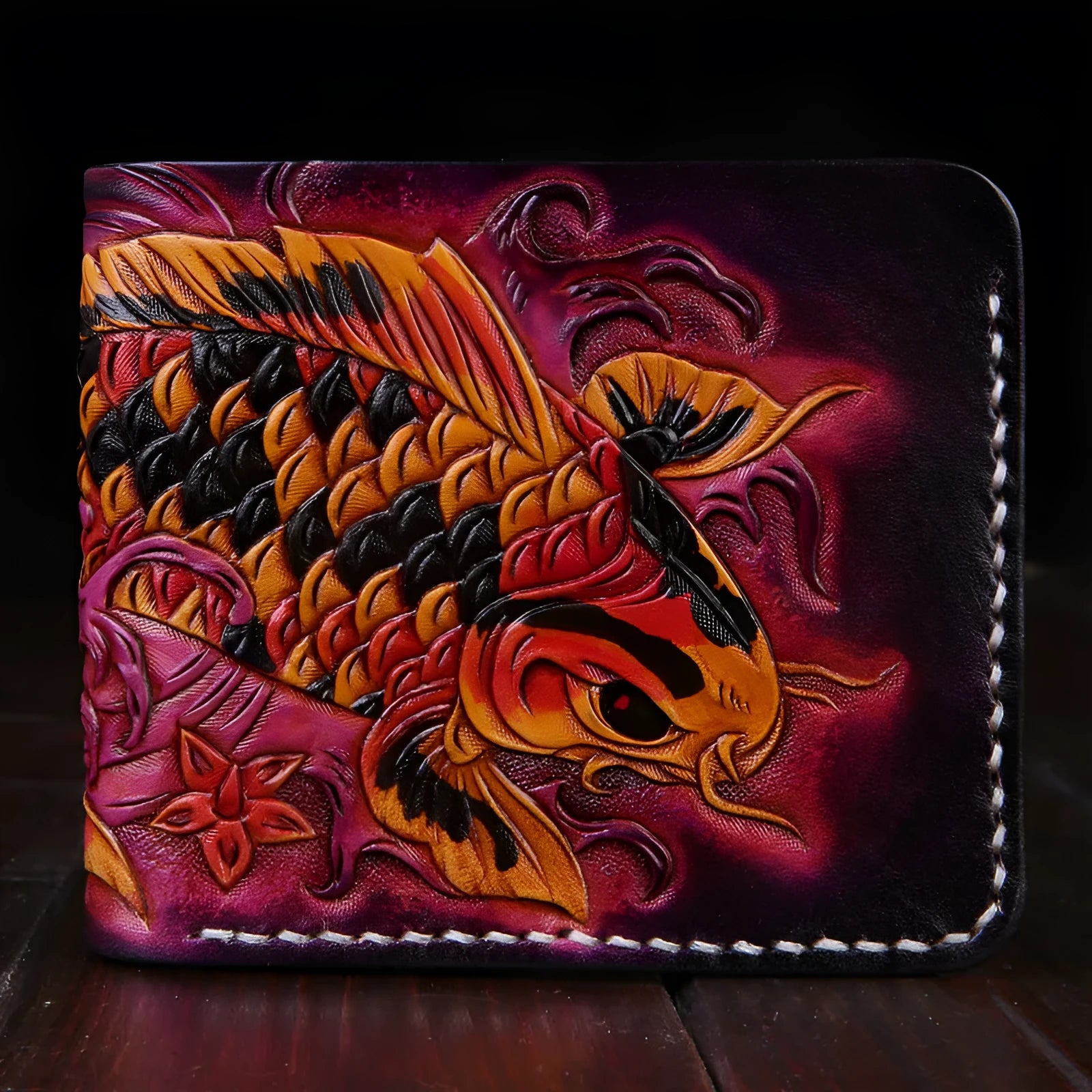 Men's red leather wallet with hand-carved texture and open closure