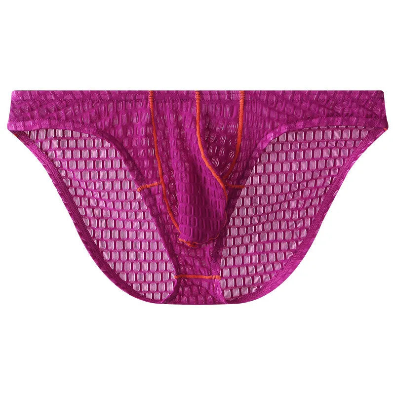 Men's white ice silk lace low waist briefs on a plain background