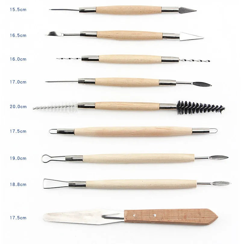 27-piece brown pottery clay tool set with wooden, stainless steel and plastic sculpting tools