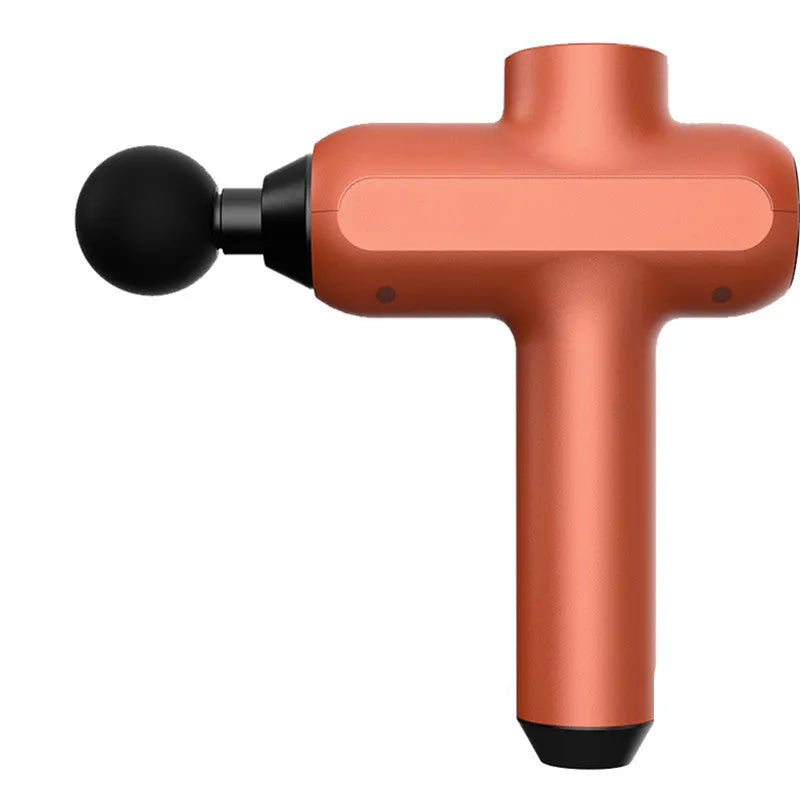 Deep tissue massage gun with six interchangeable heads showing compact 25x20x6cm design